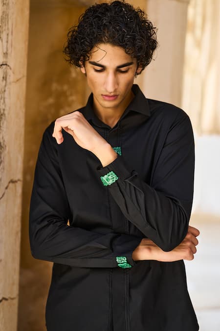 Dash And Dot_Black Cotton Jade Button Shirt _Online_at_Aza_Fashions