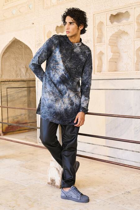 Dash And Dot_Blue Polyester Tie Dye Jacquard Long Shirt _Online_at_Aza_Fashions