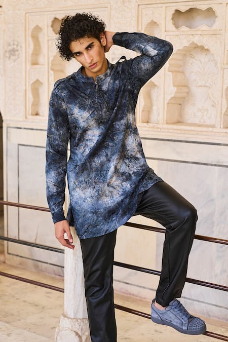 Shop_Dash And Dot_Blue Polyester Tie Dye Jacquard Long Shirt _Online_at_Aza_Fashions