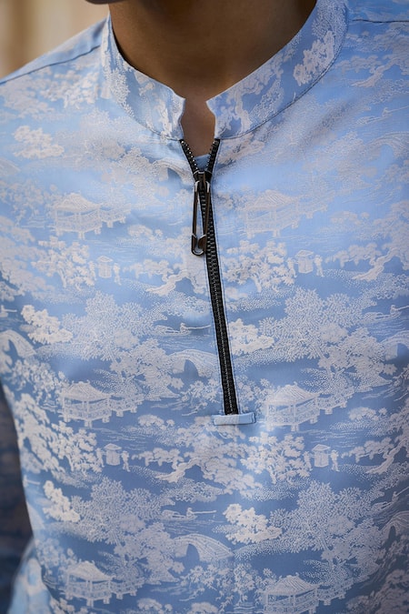 Shop_Dash And Dot_Blue Polyester Jacquard Short Kurta _Online_at_Aza_Fashions