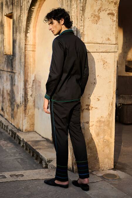 Dash And Dot Black Cotton Embroidery Zig Zag Stitch Shirt With Pant 2