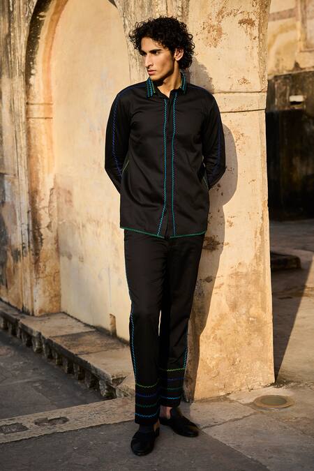 Dash And Dot Black Cotton Embroidery Zig Zag Stitch Shirt With Pant 3