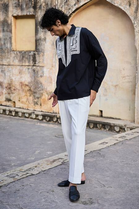 Dash And Dot_Black Cotton Lace Patch Popover Shirt _Online_at_Aza_Fashions