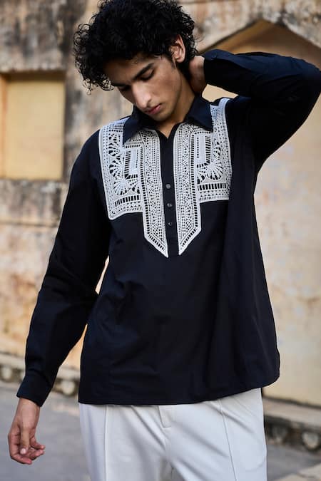 Buy_Dash And Dot_Black Cotton Lace Patch Popover Shirt _Online_at_Aza_Fashions