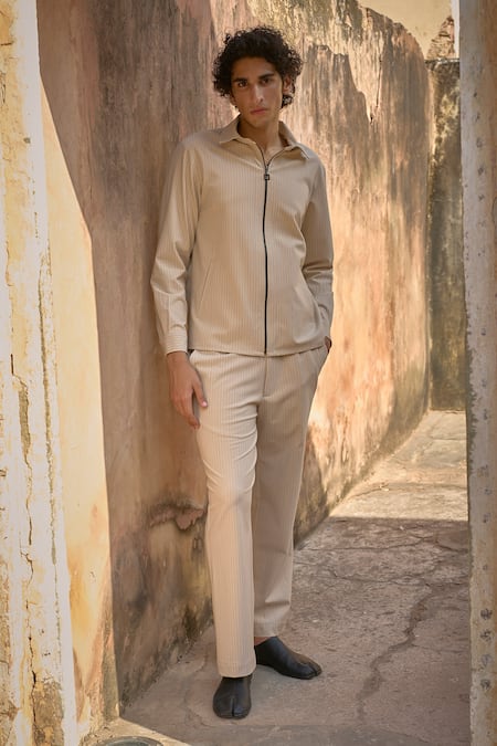 Dash And Dot_Cream Polyester, Rayon, Spandex Pinstripe Print Pant _Online_at_Aza_Fashions