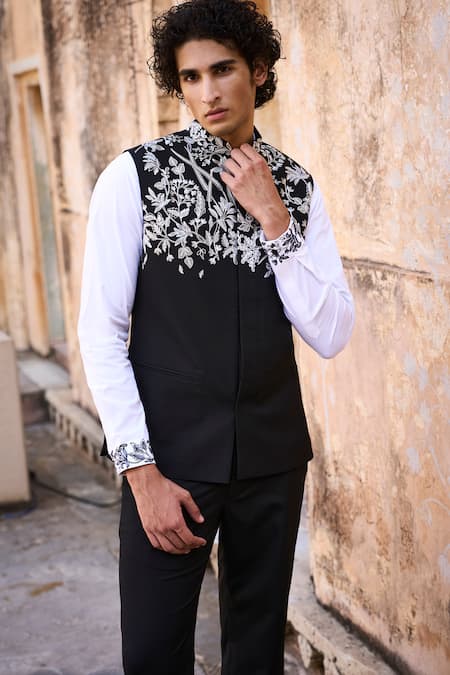 Dash And Dot Black Viscose, Polyester Embroidery Bandi With Straight Pant at Aza Fashions Dash And Dot_Black Viscose, Polyester Embroidery Bandi With Straight Pant _at_Aza_Fashions