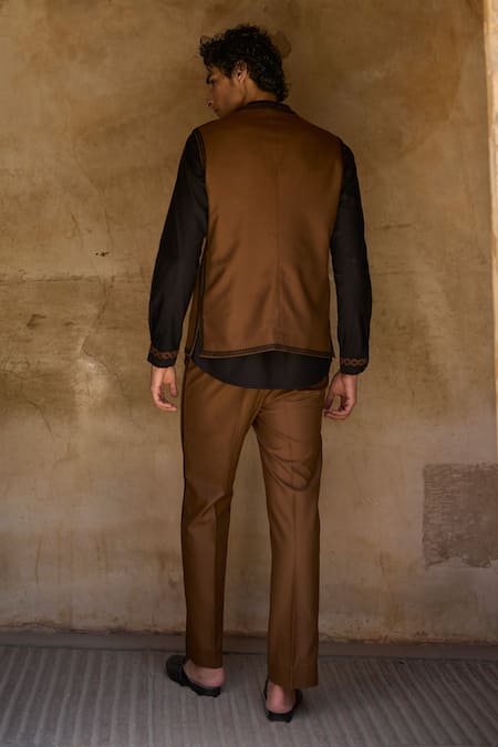 Shop Dash And Dot Brown Viscose, Polyester Embroidery Bandi Jacket And Shirt Set at Aza Fashions Shop_Dash And Dot_Brown Viscose, Polyester Embroidery Bandi Jacket And Shirt Set _at_Aza_Fashions