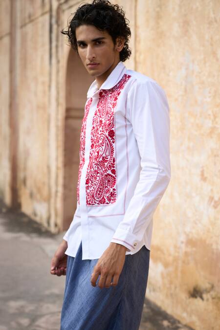Dash And Dot_White 100% Organic Cotton Embroidered Thread Bib Shirt _Online_at_Aza_Fashions