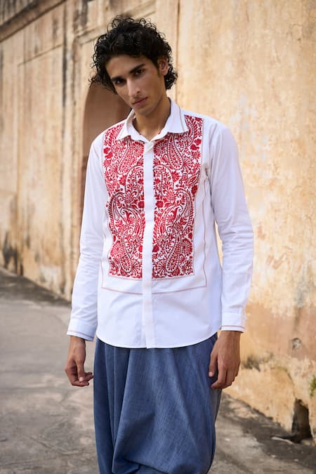 Shop_Dash And Dot_White 100% Organic Cotton Embroidered Thread Bib Shirt _Online_at_Aza_Fashions