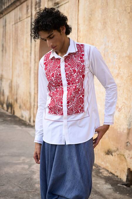 Dash And Dot_White 100% Organic Cotton Embroidered Thread Bib Shirt _at_Aza_Fashions