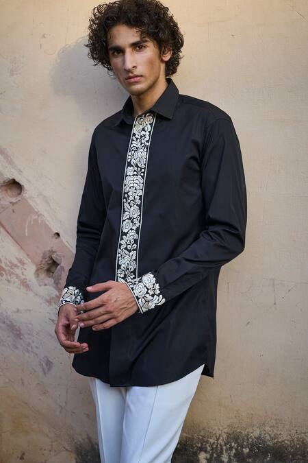 Buy_Dash And Dot_Black Cotton Embroidery Floral Long Shirt _Online_at_Aza_Fashions