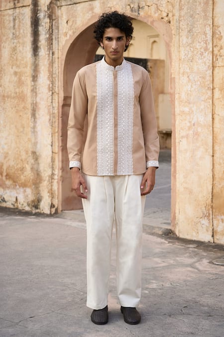 Shop_Dash And Dot_Beige 100% Organic Cotton Embroidered Thread Fine Shirt _at_Aza_Fashions