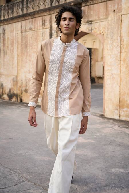 Dash And Dot_Beige 100% Organic Cotton Embroidered Thread Fine Shirt _Online_at_Aza_Fashions