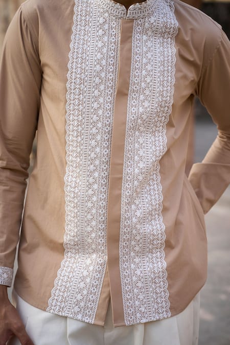Buy_Dash And Dot_Beige 100% Organic Cotton Embroidered Thread Fine Shirt _Online_at_Aza_Fashions