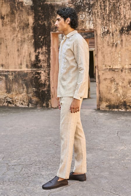 Shop_Dash And Dot_Beige 30% Linen Textured Pant _Online_at_Aza_Fashions
