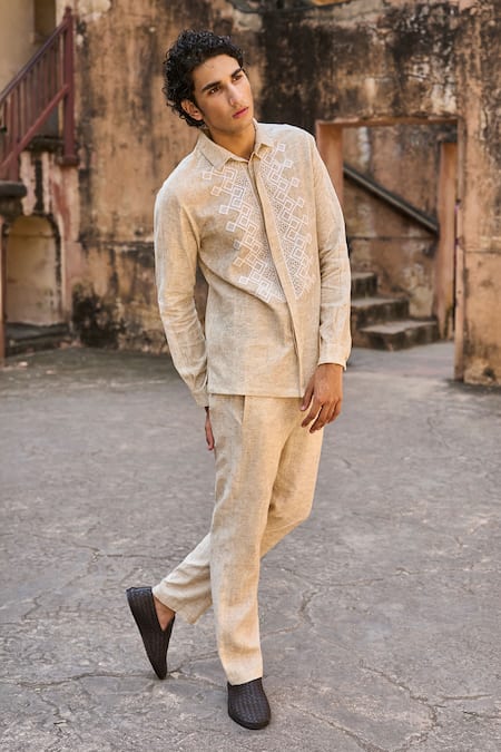 Dash And Dot_Beige 30% Linen Textured Pant _at_Aza_Fashions