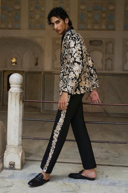 Dash And Dot_Black Viscose, Polyester Embroidery Side Pant _Online_at_Aza_Fashions