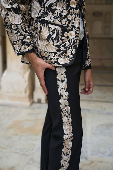Buy_Dash And Dot_Black Viscose, Polyester Embroidery Side Pant _Online_at_Aza_Fashions