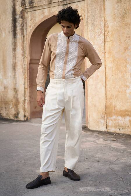 Dash And Dot_Off White Cotton Front Pleated Pant _Online_at_Aza_Fashions