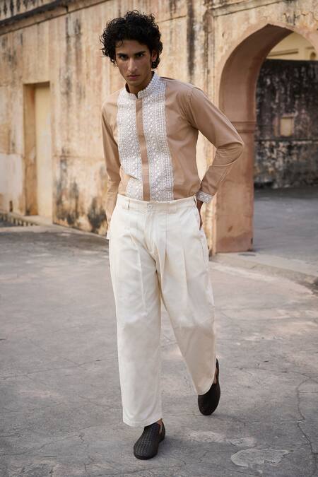Buy_Dash And Dot_Off White Cotton Front Pleated Pant _Online_at_Aza_Fashions