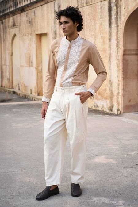 Shop_Dash And Dot_Off White Cotton Front Pleated Pant _Online_at_Aza_Fashions