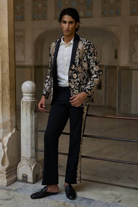 Dash And Dot_Black Viscose, Polyester Embroidery Flora Fauna Jacket _Online_at_Aza_Fashions