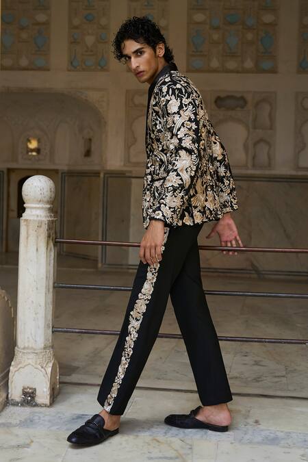 Shop_Dash And Dot_Black Viscose, Polyester Embroidery Flora Fauna Jacket _Online_at_Aza_Fashions