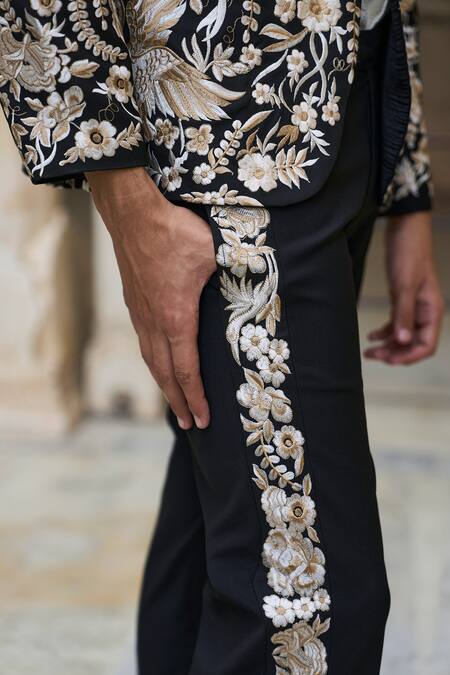 Dash And Dot_Black Viscose, Polyester Embroidery Flora Fauna Jacket _at_Aza_Fashions