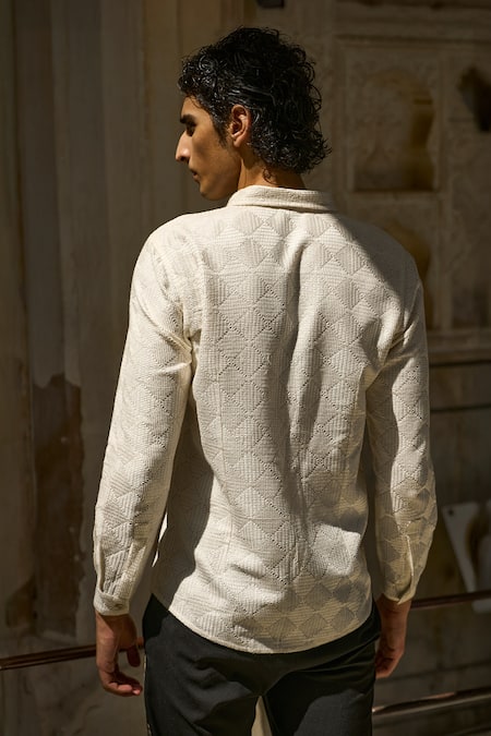 Shop_Dash And Dot_Ivory Cotton Embroidery Geometric Pattern Shirt _at_Aza_Fashions