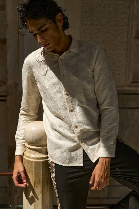 Buy_Dash And Dot_Ivory Cotton Embroidery Geometric Pattern Shirt _Online_at_Aza_Fashions