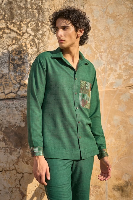 Shop_Dash And Dot_Emerald Green Polyester Embroidery Running Stitch Pant _Online_at_Aza_Fashions