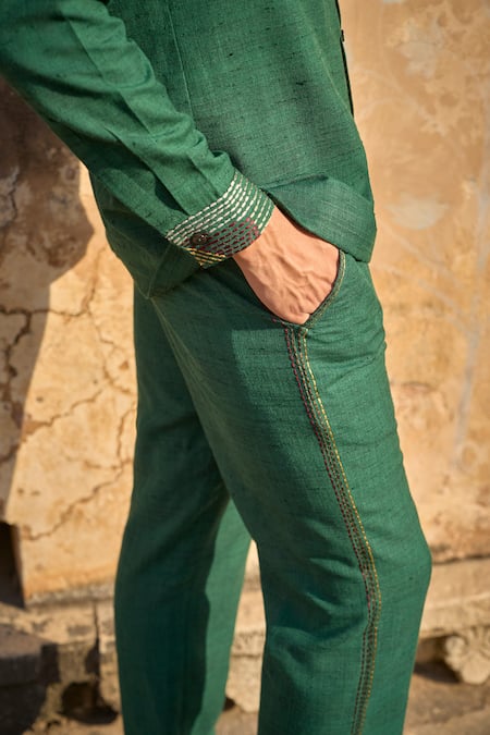 Buy_Dash And Dot_Emerald Green Polyester Embroidery Running Stitch Pant 