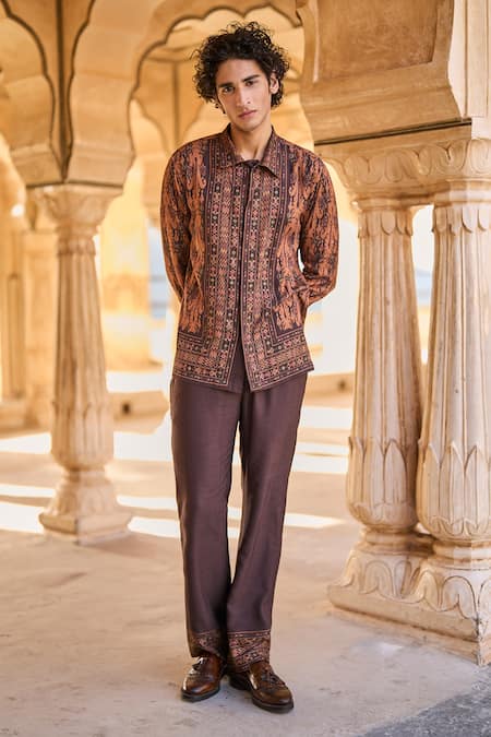 Dash And Dot_Brown Viscose Earth Print Pant _Online_at_Aza_Fashions