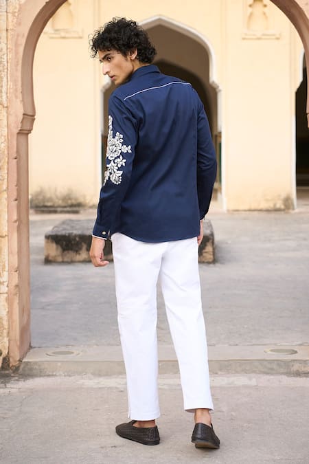Shop Dash And Dot Blue Cotton Embroidery Placement Shirt at Aza Fashions Shop_Dash And Dot_Blue Cotton Embroidery Placement Shirt _at_Aza_Fashions