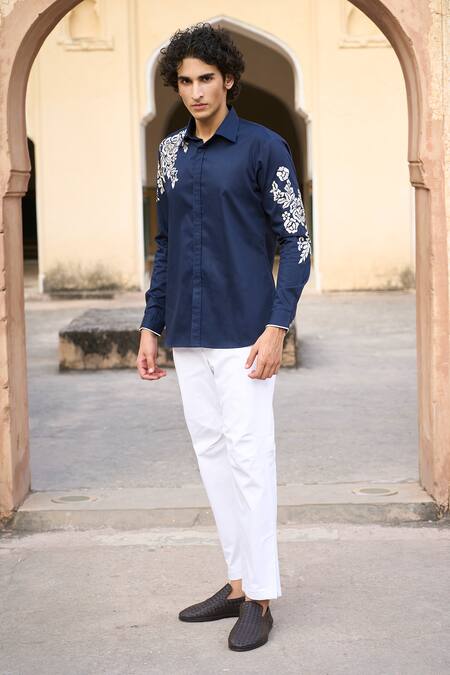 Dash And Dot Blue Cotton Embroidery Placement Shirt Online at Aza Fashions Dash And Dot_Blue Cotton Embroidery Placement Shirt _Online_at_Aza_Fashions