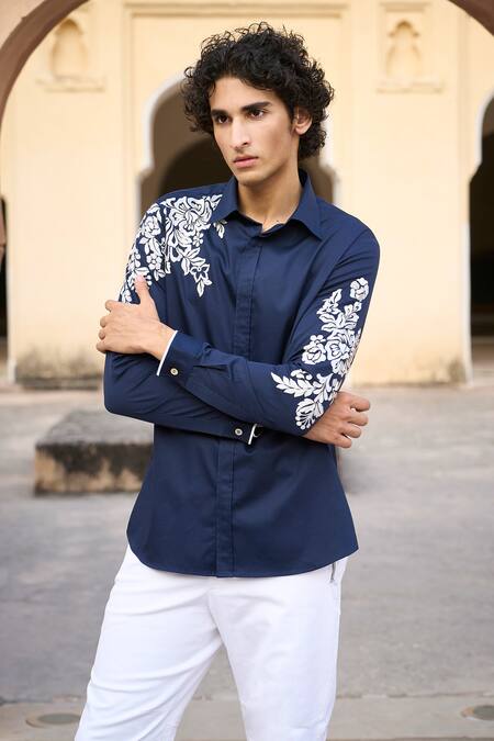 Buy Dash And Dot Blue Cotton Embroidery Placement Shirt Online at Aza Fashions Buy_Dash And Dot_Blue Cotton Embroidery Placement Shirt _Online_at_Aza_Fashions