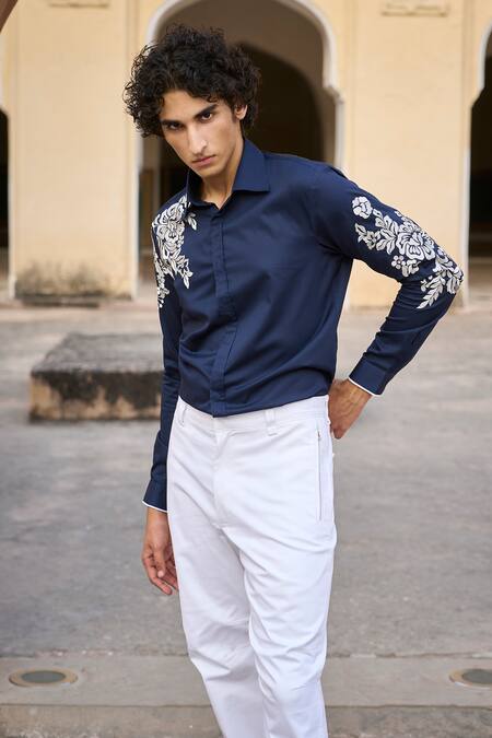 Shop Dash And Dot Blue Cotton Embroidery Placement Shirt Online at Aza Fashions Shop_Dash And Dot_Blue Cotton Embroidery Placement Shirt _Online_at_Aza_Fashions