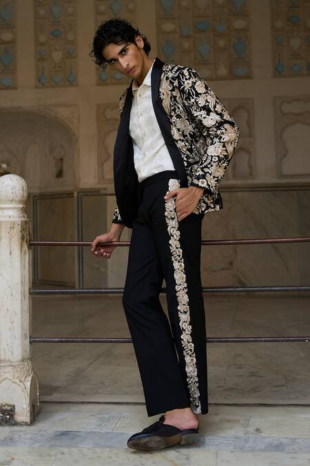 Dash And Dot_Black Polyester, Viscose Embroidery Gara Floral Blazer And Shirt Set_Online_at_Aza_Fashions