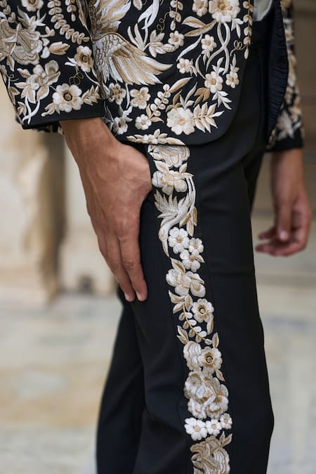 Dash And Dot_Black Polyester, Viscose Embroidery Gara Floral Blazer And Shirt Set_at_Aza_Fashions