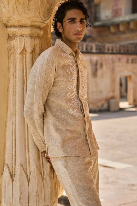 Dash And Dot_Brown Cotton, Linen Embroidery Textured Lace Shirt _Online_at_Aza_Fashions