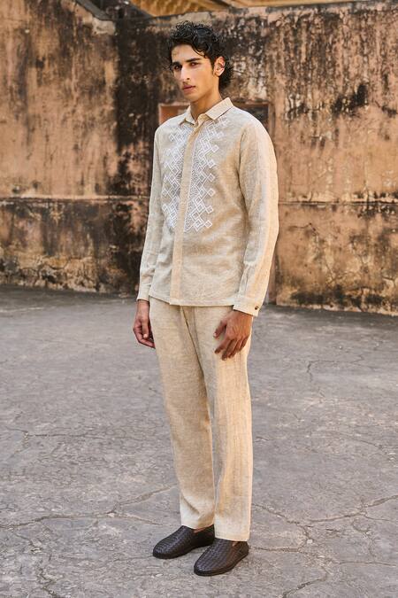 Buy_Dash And Dot_Brown Cotton, Linen Embroidery Textured Lace Shirt _Online_at_Aza_Fashions