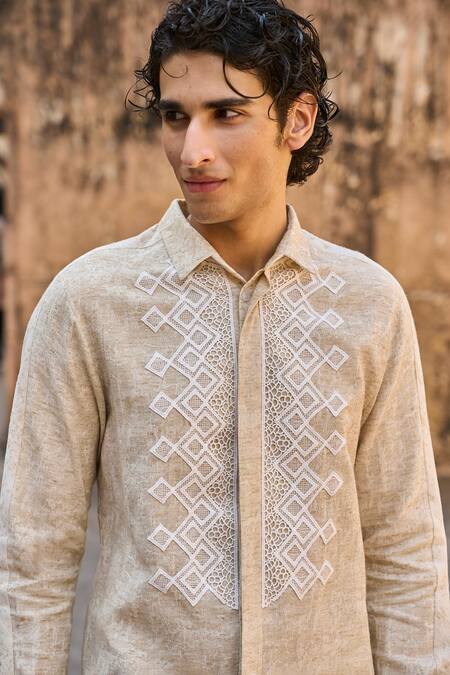 Dash And Dot_Brown Cotton, Linen Embroidery Textured Lace Shirt _at_Aza_Fashions