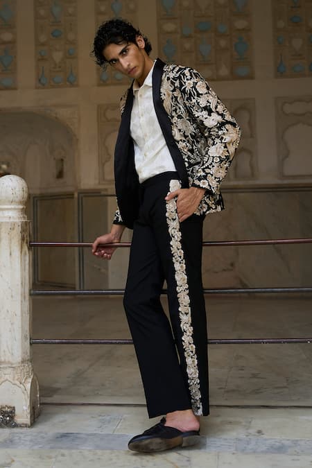 Dash And Dot_Ivory Polyester, Cotton Embroidery Gara Floral Shawal Collar Tuxedo Pant Set _Online_at_Aza_Fashions