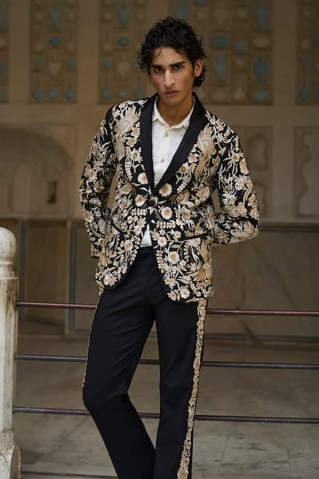 Buy_Dash And Dot_Ivory Polyester, Cotton Embroidery Gara Floral Shawal Collar Tuxedo Pant Set _Online_at_Aza_Fashions