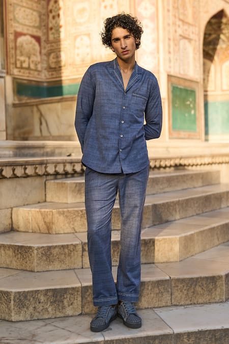 Shop Dash And Dot Blue Polyester Embroidery Kantha Straight Fit Pant at Aza Fashions Shop_Dash And Dot_Blue Polyester Embroidery Kantha Straight Fit Pant _at_Aza_Fashions