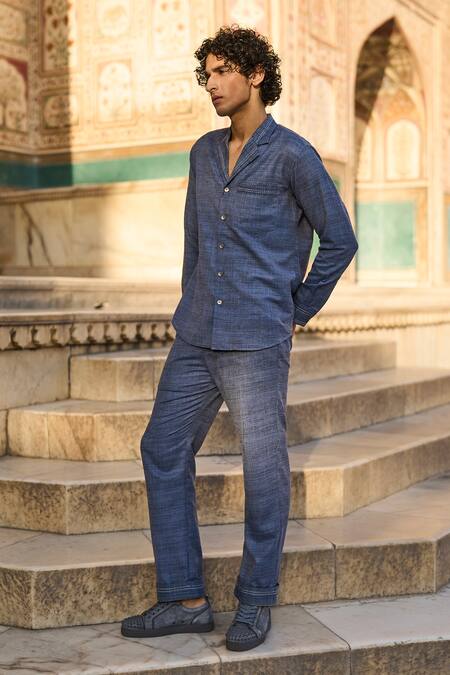 Buy Dash And Dot Blue Polyester Embroidery Kantha Straight Fit Pant Online at Aza Fashions Buy_Dash And Dot_Blue Polyester Embroidery Kantha Straight Fit Pant _Online_at_Aza_Fashions