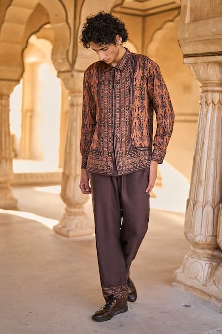 Shop_Dash And Dot_Brown Viscose Embroidery Earth Ikat Print Full Sleeve Shirt _Online_at_Aza_Fashions