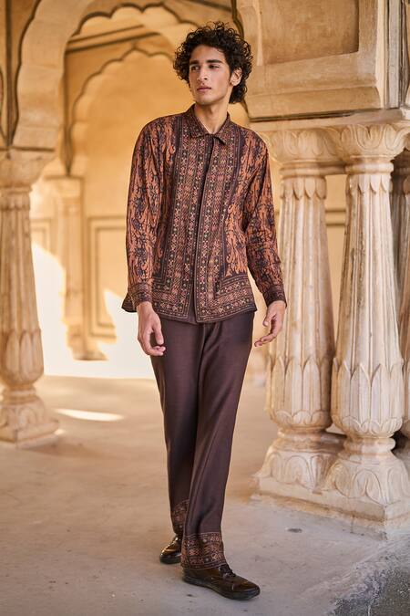 Dash And Dot_Brown Viscose Embroidery Earth Ikat Print Full Sleeve Shirt _at_Aza_Fashions