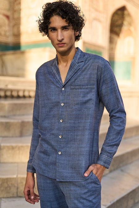 Dash And Dot Blue Polyester Embroidery Textured Kantha Shirt With Pant Online at Aza Fashions Dash And Dot_Blue Polyester Embroidery Textured Kantha Shirt With Pant _Online_at_Aza_Fashions