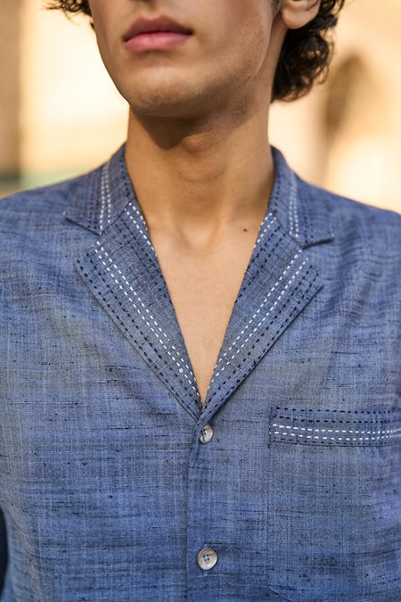 Dash And Dot Blue Polyester Embroidery Textured Kantha Shirt With Pant at Aza Fashions Dash And Dot_Blue Polyester Embroidery Textured Kantha Shirt With Pant _at_Aza_Fashions